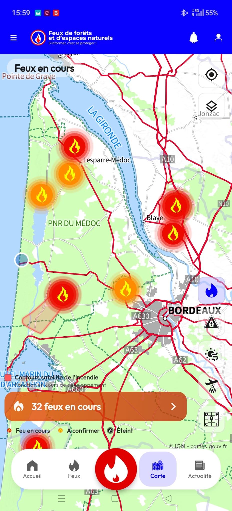 Feux de foret ingezoomd op de Medoc en Bordeaux, 32 branden