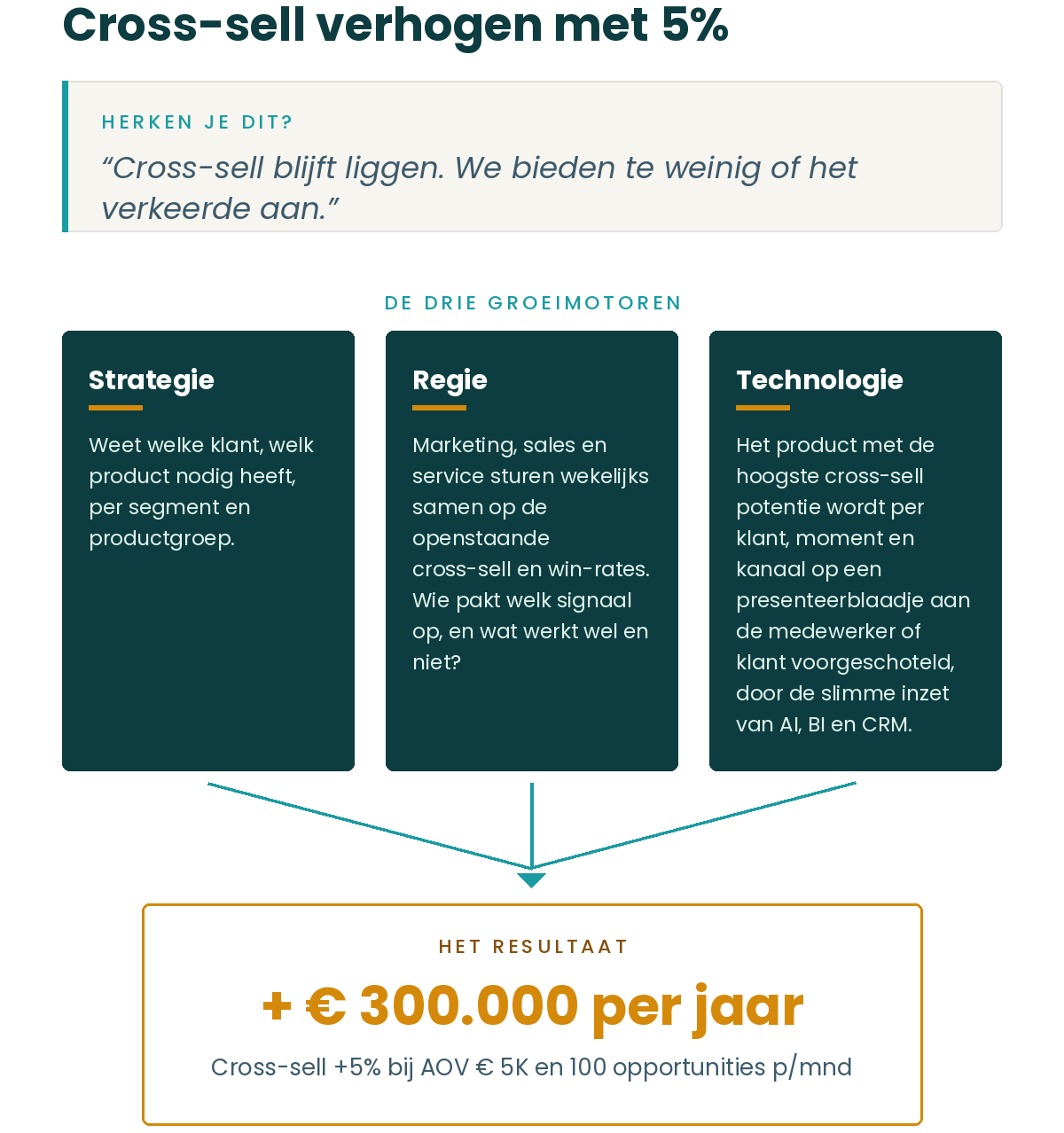 5% meer cross-sell op bestaande klanten. Dit zijn de drie groeimotoren die daarvoor samen moeten draaien.